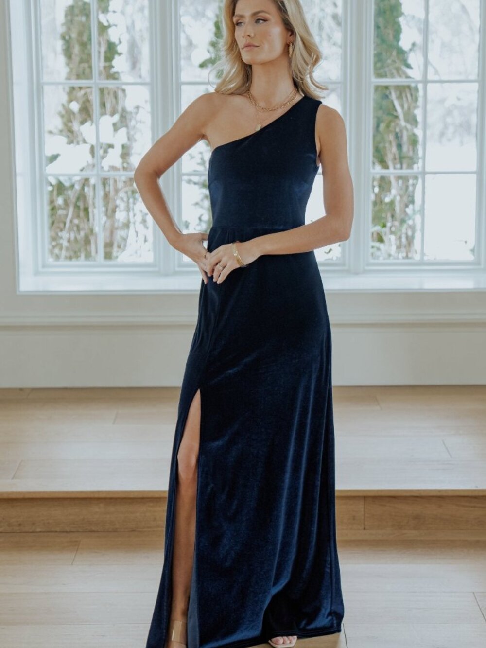 Baltic Born Tatiana Velvet One Shoulder Maxi Dress | Navy Size L - Picture 1 of 5